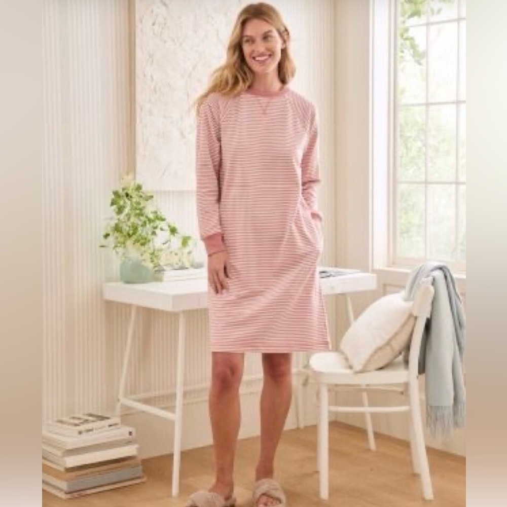 Garnet Hill Sweatshirt Dress French
Terry Knit Pink Stripe Lounge Pockets. S